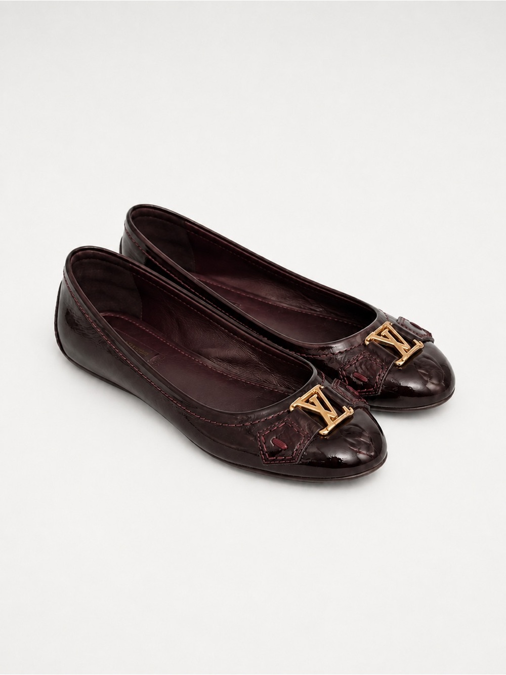 Louis Vuitton Dark Burgundy Patent Leather Ballet Flats with Gold LV Plaque